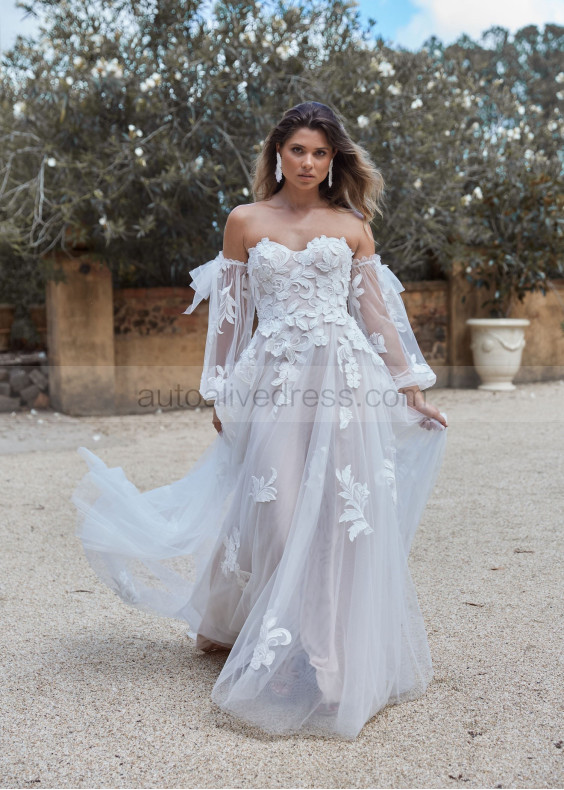 Strapless Ivory Lace Tulle Modern Wedding Dress With Detachable Sleeves